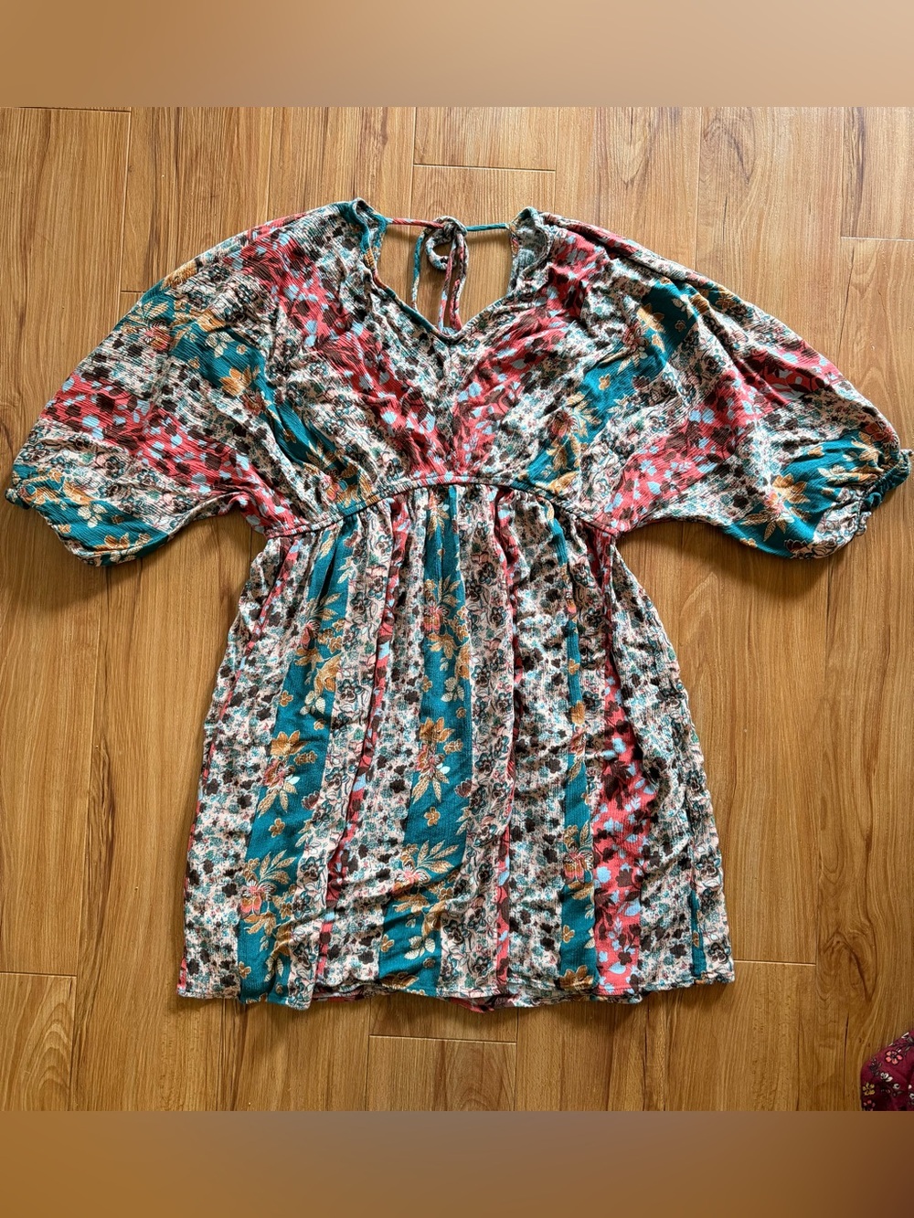 Oddi Floral Mixed-Print Teal Women’s Boho Dress